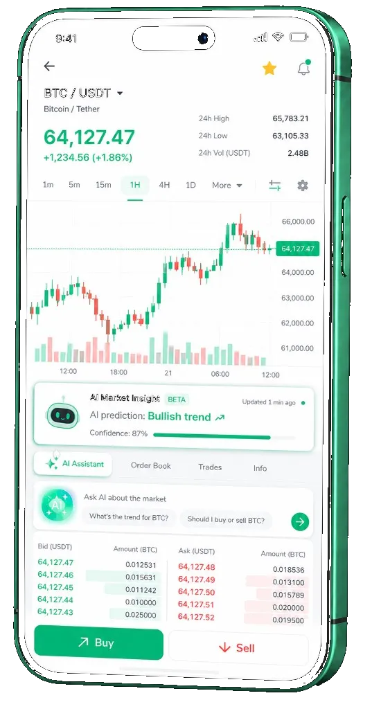 Keen Vestix trading platform on mobile — live BTC/USDT chart, order book, and buy/sell interface